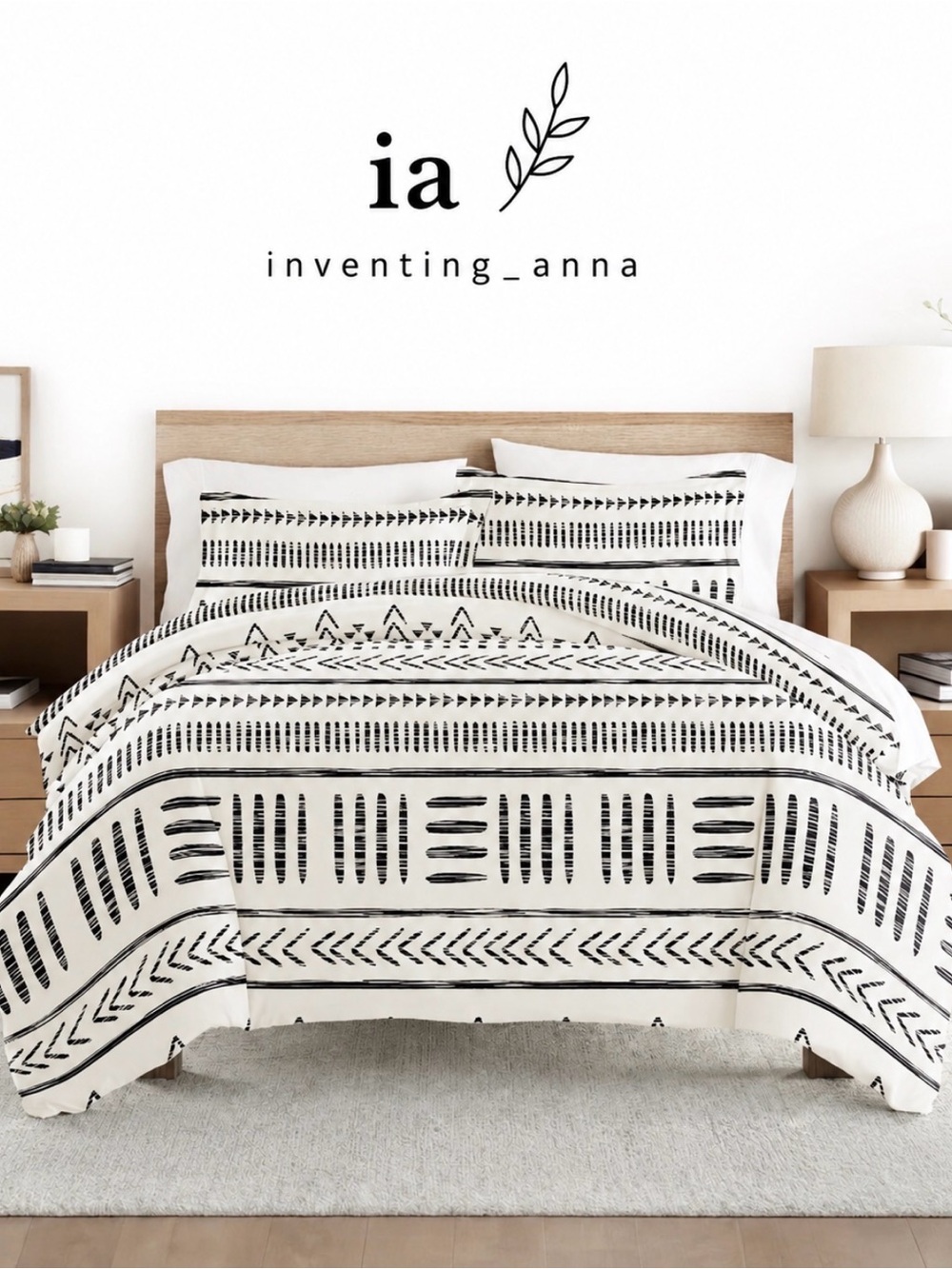 Black and Ivory Colored Geometric Boho Striped King Duvet Cover/Sham Set